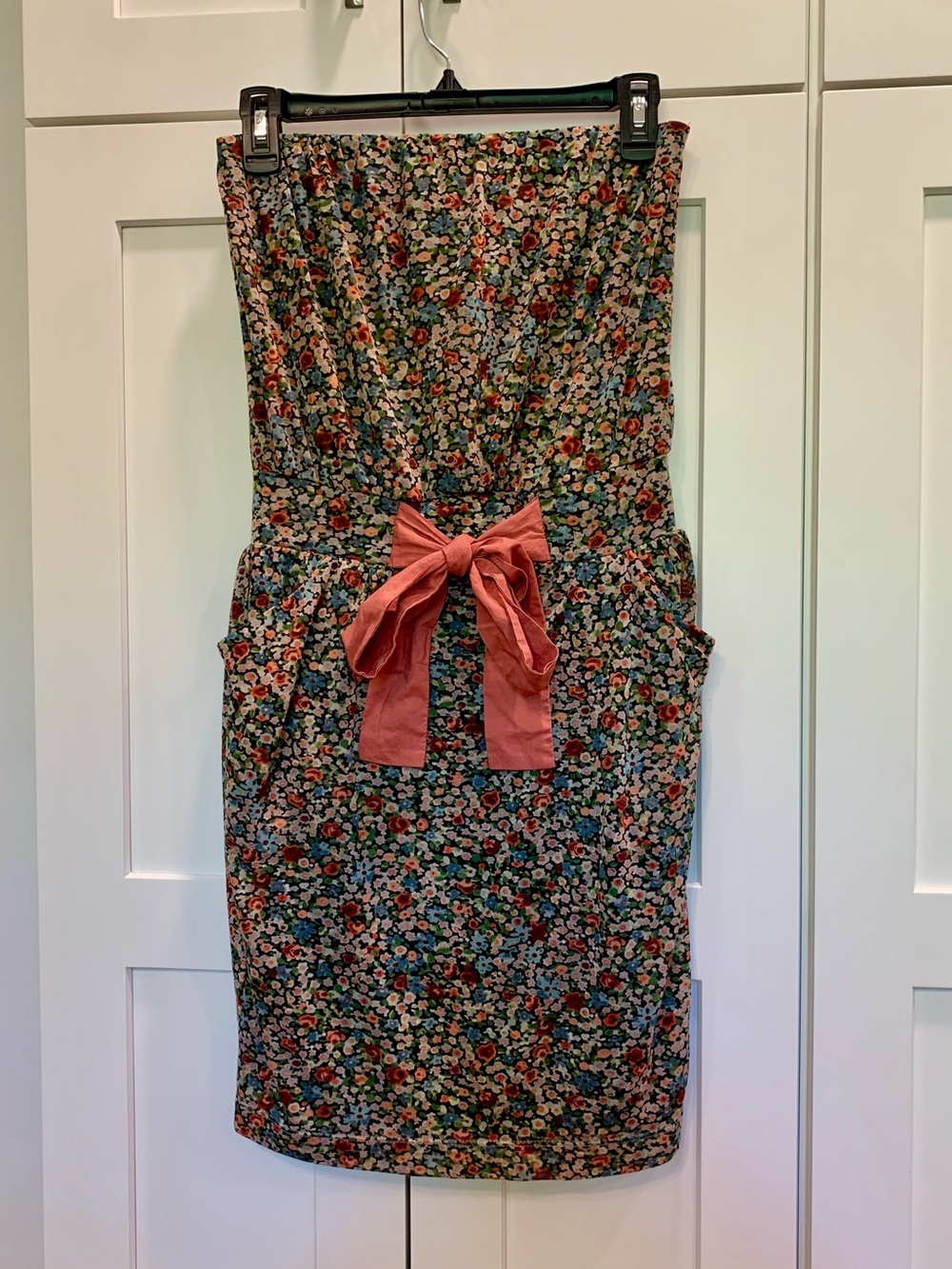 MNG MANGO Strapless Floral Mini Dress Size S Waist Bow Pockets Dressy Casual